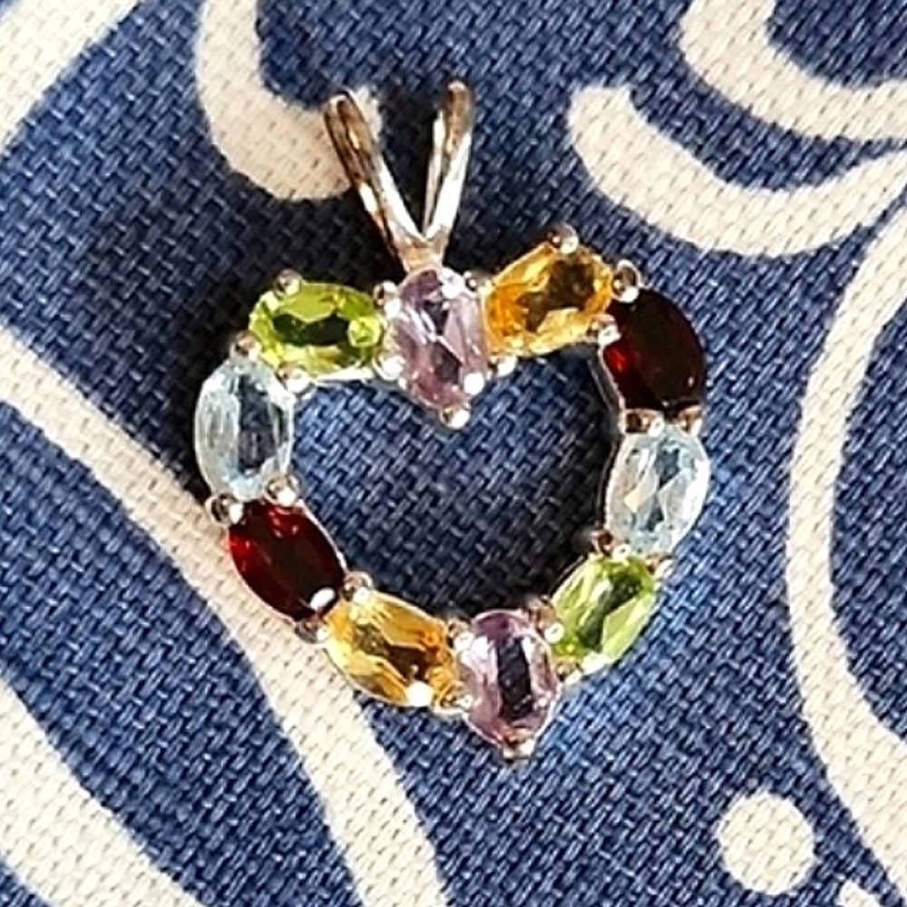 Sterling Silver 925 Real Natural Multi-Gemstone Open Heart Pendant For Your Love
